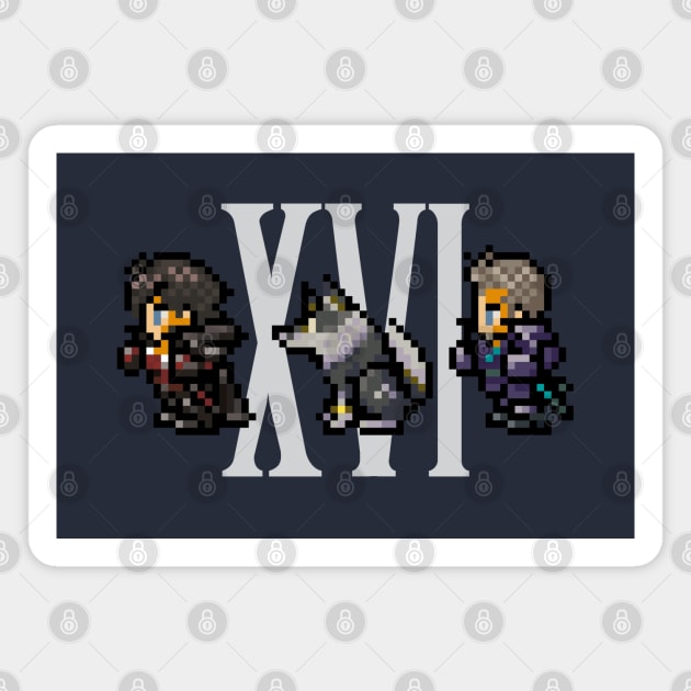 Clive, Torgal, and Cid XVI Design | FFXVI Pixel Party Members | Final Fantasy 16 | Dark Colors Magnet by AFKApparelGG